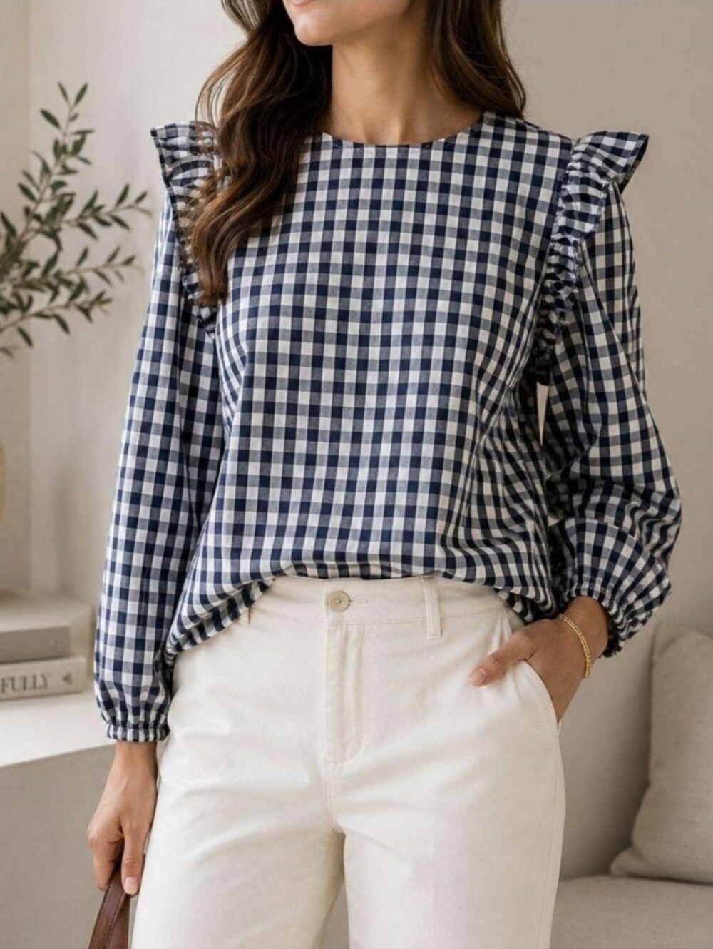 J Crew Gingham Ruffled Poplin Top